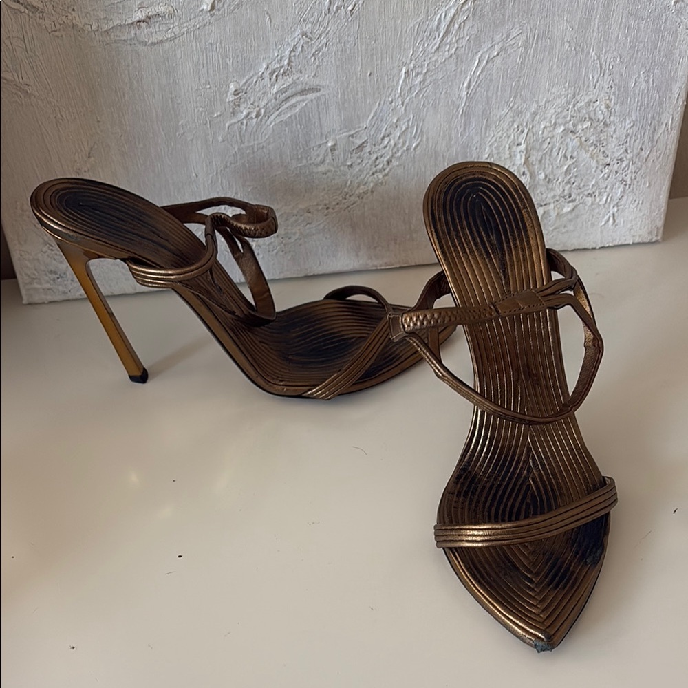 Yves Saint Laurent Gold Brown Heels Strappy Design